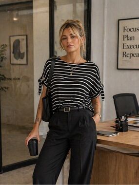 Women's Calvin Klein Black & White Striped Cold Shoulder Tee S